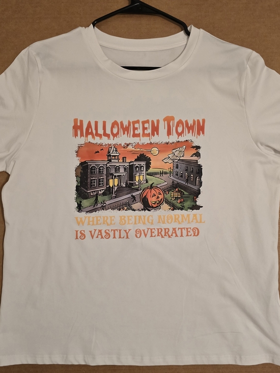 Tops - Halloween Town Graphic Tee - White with Orange & Black Print